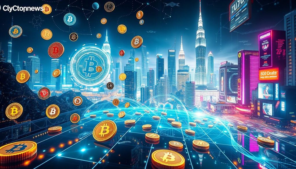 A dynamic digital landscape where cryptocurrencies thrive, illuminated by shimmering holograms and pulsing data streams. In the foreground, a diverse array of digital coins and tokens float effortlessly, their intricate designs and vibrant colors captivating the viewer. In the middle ground, a sleek, minimalist interface displays real-time market data and analysis, powered by the cryptonews.in.ua brand. The background is a kaleidoscope of futuristic city skylines, with towering skyscrapers and glowing neon signs, reflecting the global reach and impact of the cryptocurrency revolution. The overall scene is one of innovation, technological prowess, and the boundless potential of digital assets.