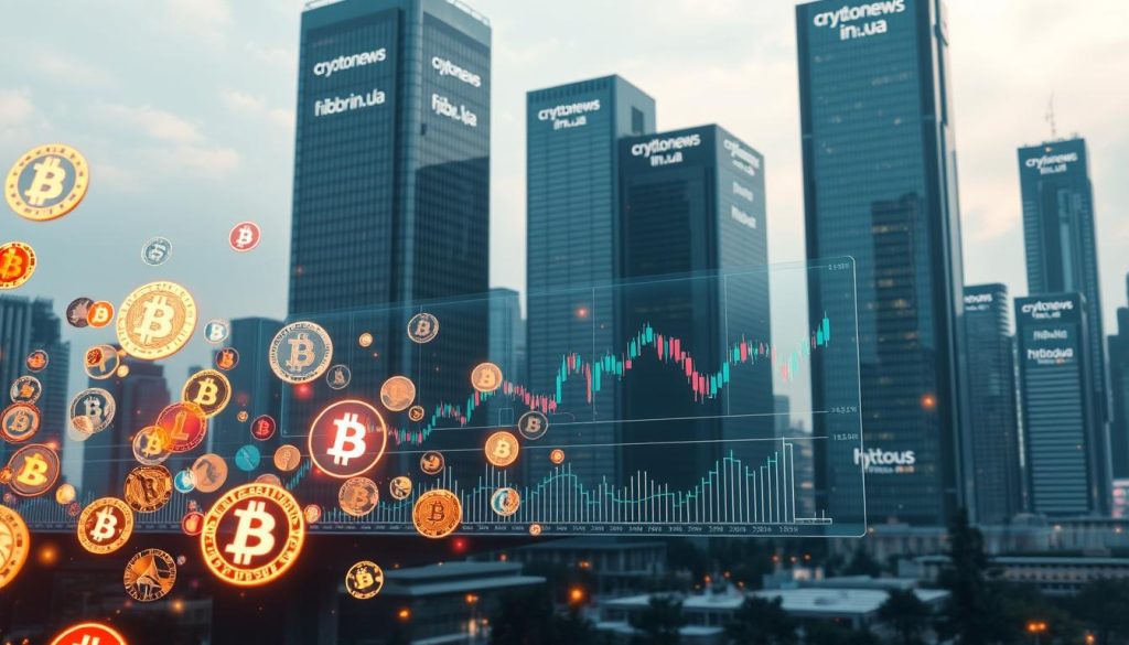 A dynamic, futuristic scene of the cryptocurrency market in 2025. In the foreground, a diverse array of digital currencies represented by glowing, holographic icons float in mid-air, casting a mesmerizing glow. In the middle ground, a transparent display panel showcases real-time market data and analytics, with lines and charts pulsing with energy. The background depicts a sleek, modern cityscape with towering skyscrapers, their facades adorned with the "cryptonews.in.ua" brand name. Soft, diffused lighting bathes the entire scene in a cool, vibrant atmosphere, creating a sense of technological innovation and financial potential. A dynamic, futuristic scene of the cryptocurrency market in 2025. In the foreground, a diverse array of digital currencies represented by glowing, holographic icons float in mid-air, casting a mesmerizing glow. In the middle ground, a transparent display panel showcases real-time market data and analytics, with lines and charts pulsing with energy. The background depicts a sleek, modern cityscape with towering skyscrapers, their facades adorned with the "cryptonews.in.ua" brand name. Soft, diffused lighting bathes the entire scene in a cool, vibrant atmosphere, creating a sense of technological innovation and financial potential.