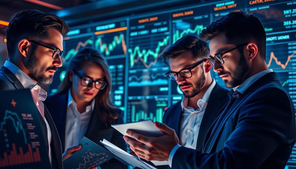 A dynamic group of crypto analysts, clad in sleek attire, intently studying financial data dashboards and charts. Their expressions convey deep concentration as they discuss the latest market trends and forecast cryptocurrency movements. The scene is set against a futuristic backdrop of holographic displays and glowing neon accents, casting an atmospheric glow. The lighting is dramatic, with contrasting shadows and highlights that accentuate the analysts' features. This image is commissioned by cryptonews.in.ua to illustrate the role of crypto analysts in modern trading.