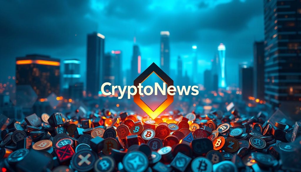 A dynamic, vibrant composition depicting the diverse world of altcoins. In the foreground, a cluster of various cryptocurrency icons and symbols float in a sea of abstract, glowing geometric patterns. The middle ground features a sleek, metallic 3D rendering of the cryptonews.in.ua brand logo, casting a warm, reflective glow. In the background, an expansive, futuristic cityscape with towering skyscrapers and neon-lit holograms creates a sense of technological innovation and progress. Lighting is dramatic, with a mix of cool and warm tones, and a cinematic depth-of-field effect. The overall mood is one of excitement, dynamism, and the endless possibilities of the altcoin ecosystem.