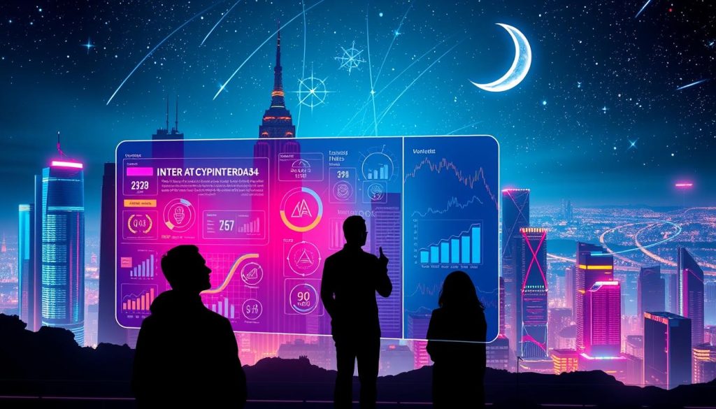 A futuristic cityscape with skyscrapers and technological infrastructure, bathed in a vibrant, neon-tinged glow. In the foreground, a sleek, holographic display showcases various investment opportunities, from cryptocurrency and blockchain technologies to renewable energy projects and AI-driven startups. The middle ground features silhouettes of investors and financial analysts, their faces illuminated by the dynamic data visualizations. In the background, a night sky filled with shooting stars and a crescent moon, symbolizing the vast potential and limitless possibilities of investing in 2024. The overall atmosphere conveys a sense of innovation, growth, and a future-forward mindset. Cryptonews.in.ua A futuristic cityscape with skyscrapers and technological infrastructure, bathed in a vibrant, neon-tinged glow. In the foreground, a sleek, holographic display showcases various investment opportunities, from cryptocurrency and blockchain technologies to renewable energy projects and AI-driven startups. The middle ground features silhouettes of investors and financial analysts, their faces illuminated by the dynamic data visualizations. In the background, a night sky filled with shooting stars and a crescent moon, symbolizing the vast potential and limitless possibilities of investing in 2024. The overall atmosphere conveys a sense of innovation, growth, and a future-forward mindset. Cryptonews.in.ua