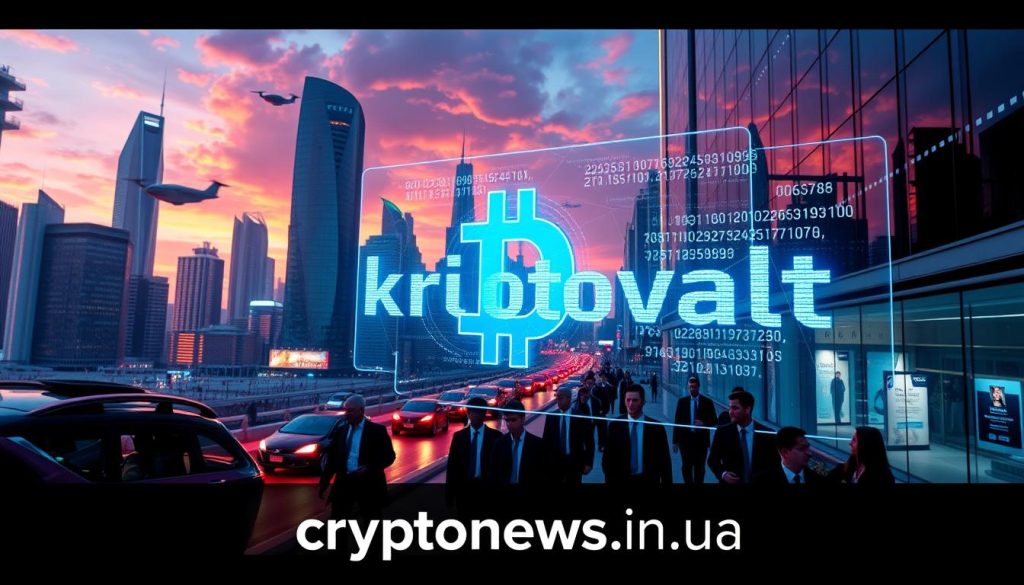 A futuristic cityscape with sleek skyscrapers and hovering vehicles, bathed in a neon glow. In the foreground, a holographic display showcases the "криптовалют" symbol, its digital code cascading across the screen. In the middle ground, people in business attire navigate the bustling streets, casting curious glances at the cutting-edge technology. The background is a vibrant mix of bold colors and dynamic lighting, reflecting the innovative and rapidly evolving world of cryptocurrency. The "cryptonews.in.ua" brand logo is prominently displayed, highlighting the digital landscape. A futuristic cityscape with sleek skyscrapers and hovering vehicles, bathed in a neon glow. In the foreground, a holographic display showcases the "криптовалют" symbol, its digital code cascading across the screen. In the middle ground, people in business attire navigate the bustling streets, casting curious glances at the cutting-edge technology. The background is a vibrant mix of bold colors and dynamic lighting, reflecting the innovative and rapidly evolving world of cryptocurrency. The "cryptonews.in.ua" brand logo is prominently displayed, highlighting the digital landscape.