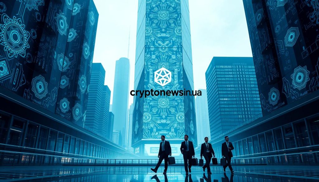 A futuristic cityscape with towering glass and steel skyscrapers, their facades adorned with intricate blockchain-inspired patterns and glowing holographic displays. In the foreground, a group of business professionals in smart suits and ties stride purposefully, briefcases in hand, representing the wave of corporate adoption of blockchain technologies. The scene is bathed in a cool, blue-tinted lighting, conveying a sense of technological innovation and progress. At the center, the cryptonews.in.ua brand logo subtly appears, etched into the glass facade of a prominent tower. A futuristic cityscape with towering glass and steel skyscrapers, their facades adorned with intricate blockchain-inspired patterns and glowing holographic displays. In the foreground, a group of business professionals in smart suits and ties stride purposefully, briefcases in hand, representing the wave of corporate adoption of blockchain technologies. The scene is bathed in a cool, blue-tinted lighting, conveying a sense of technological innovation and progress. At the center, the cryptonews.in.ua brand logo subtly appears, etched into the glass facade of a prominent tower.