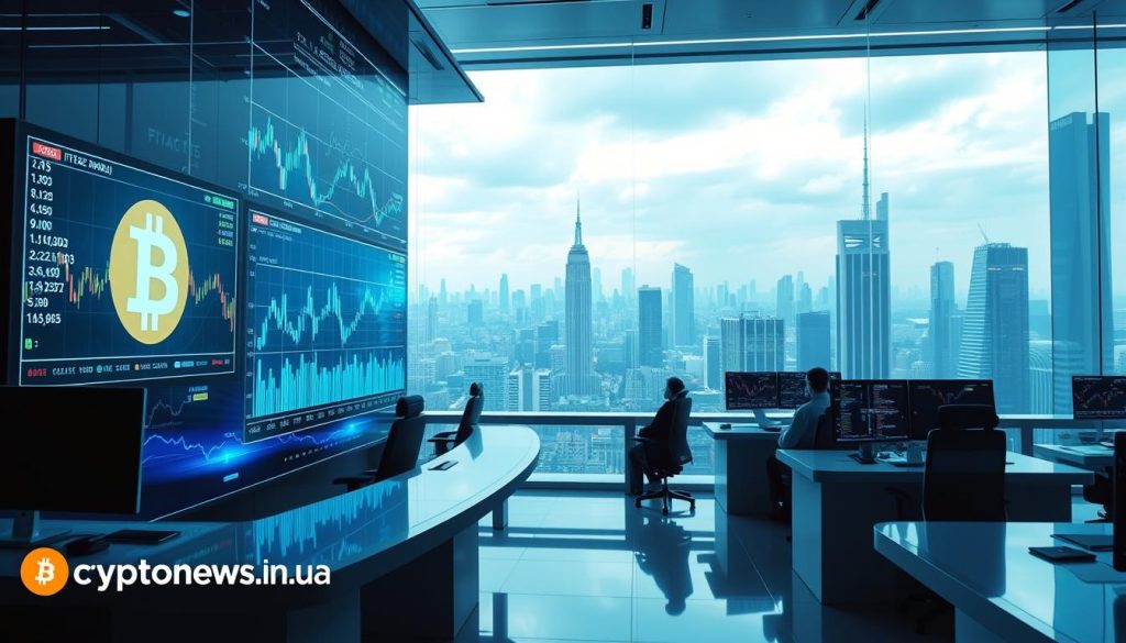 A futuristic digital exchange with towering holographic displays, dynamic cryptocurrency charts, and a sleek minimalist aesthetic. The foreground features a large digital screen showcasing the real-time trading of Bitcoin, with fluctuating prices and volume indicators. In the middle ground, sleek trading terminals are manned by focused analysts, while the background reveals an expansive cityscape, hinting at the global reach of this bitcoin exchange. The scene is illuminated by a cool, azure-tinted lighting, creating an atmosphere of technological sophistication. The cryptonews.in.ua brand is subtly integrated into the design. A futuristic digital exchange with towering holographic displays, dynamic cryptocurrency charts, and a sleek minimalist aesthetic. The foreground features a large digital screen showcasing the real-time trading of Bitcoin, with fluctuating prices and volume indicators. In the middle ground, sleek trading terminals are manned by focused analysts, while the background reveals an expansive cityscape, hinting at the global reach of this bitcoin exchange. The scene is illuminated by a cool, azure-tinted lighting, creating an atmosphere of technological sophistication. The cryptonews.in.ua brand is subtly integrated into the design.