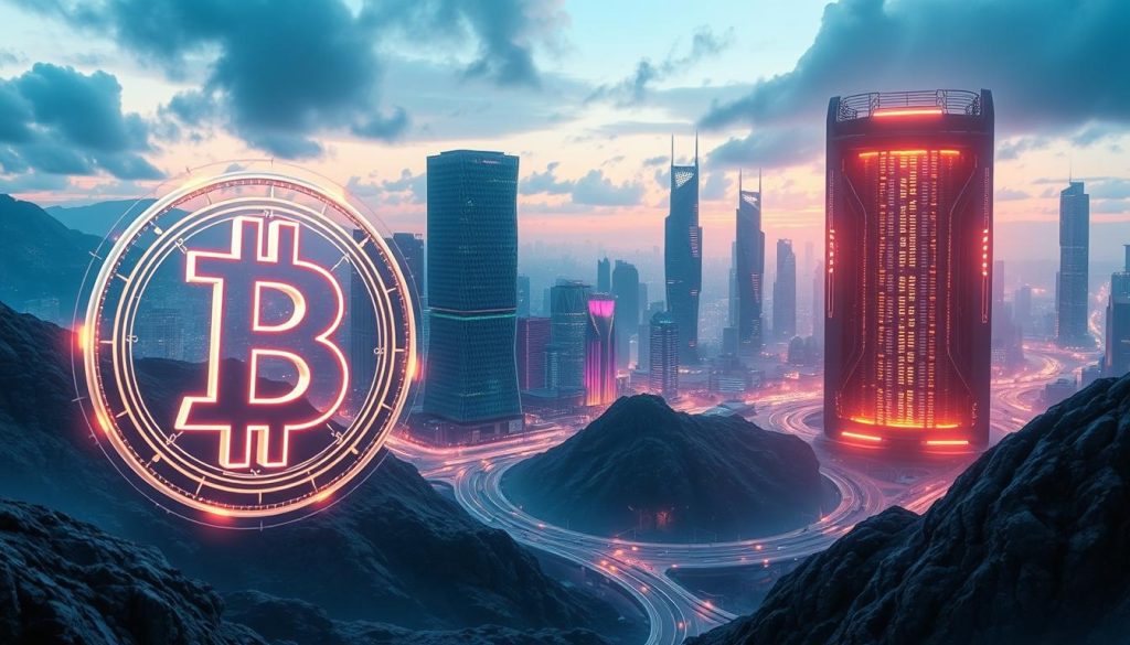 A futuristic, ethereal landscape depicting the rise of cryptocurrencies. In the foreground, a glowing, holographic crypto symbol hovers, its edges shimmering with digital energy. The middle ground features a towering, geometric cryptocurrency mining rig, its intricate architecture illuminated by a warm, ambient glow. In the background, a cityscape of towering skyscrapers and neon-lit streets stretches out, symbolizing the widespread adoption and integration of digital currencies into the modern financial landscape. The scene is bathed in a cool, futuristic color palette, with hints of blue, purple, and teal. A sense of technological progress and innovation permeates the entire composition. "cryptonews.in.ua" A futuristic, ethereal landscape depicting the rise of cryptocurrencies. In the foreground, a glowing, holographic crypto symbol hovers, its edges shimmering with digital energy. The middle ground features a towering, geometric cryptocurrency mining rig, its intricate architecture illuminated by a warm, ambient glow. In the background, a cityscape of towering skyscrapers and neon-lit streets stretches out, symbolizing the widespread adoption and integration of digital currencies into the modern financial landscape. The scene is bathed in a cool, futuristic color palette, with hints of blue, purple, and teal. A sense of technological progress and innovation permeates the entire composition. "cryptonews.in.ua"