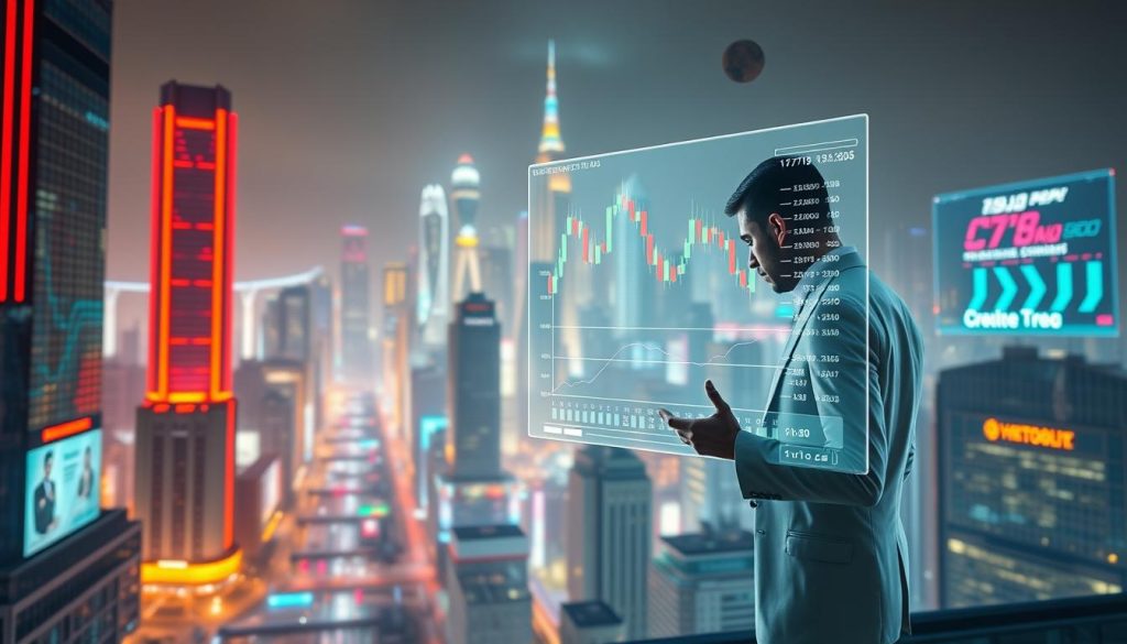 A futuristic, high-tech cityscape with towering skyscrapers, neon-lit streets, and holograms floating in the air. In the foreground, a digital trading platform displays candlestick charts, technical indicators, and real-time cryptocurrency prices. A financial analyst, dressed in a sleek, minimalist outfit, is intently studying the data, surrounded by a holographic interface. In the background, the skyline is illuminated by the glow of digital displays, reflecting the fast-paced, technology-driven nature of the cryptotrading industry. The scene conveys a sense of innovation, dynamism, and the power of data-driven decision making. Branding: "cryptonews.in.ua"