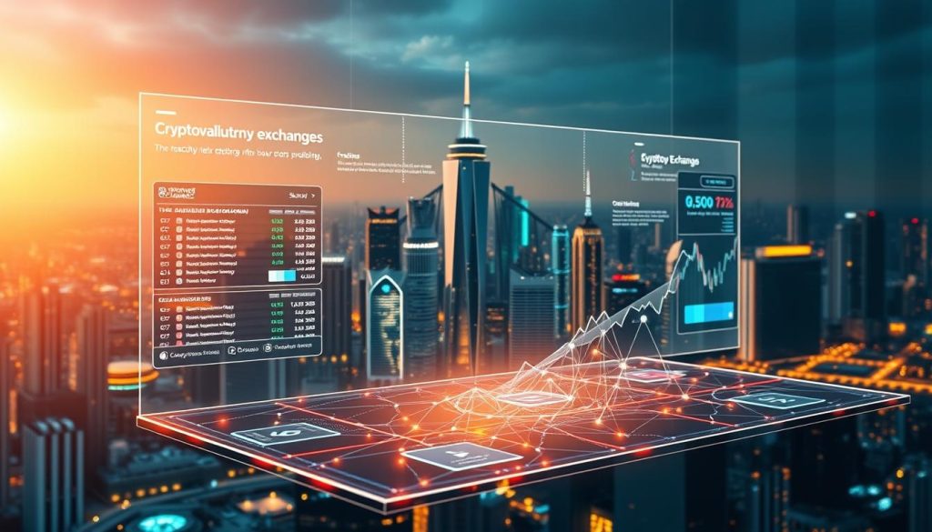 A futuristic, holographic display showcases the dynamic world of cryptocurrency exchanges. In the foreground, a sleek, minimalist user interface invites interaction, with real-time data visualizations and intuitive trading tools. The middle ground features a network of interconnected nodes, representing the global blockchain infrastructure. In the background, a cityscape of towering skyscrapers and glowing neon lights creates an aura of technological innovation and financial prowess. Ambient lighting casts a warm, vibrant glow, reflecting the promise and potential of the "cryptovaliutnye birzhi" (cryptocurrency exchanges) featured prominently on the "cryptonews.in.ua" display. A futuristic, holographic display showcases the dynamic world of cryptocurrency exchanges. In the foreground, a sleek, minimalist user interface invites interaction, with real-time data visualizations and intuitive trading tools. The middle ground features a network of interconnected nodes, representing the global blockchain infrastructure. In the background, a cityscape of towering skyscrapers and glowing neon lights creates an aura of technological innovation and financial prowess. Ambient lighting casts a warm, vibrant glow, reflecting the promise and potential of the "cryptovaliutnye birzhi" (cryptocurrency exchanges) featured prominently on the "cryptonews.in.ua" display.