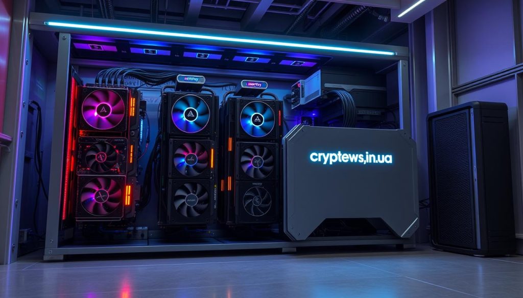 A futuristic mining rig with state-of-the-art graphics cards arranged in a sleek, modular design. The rig is housed in a climate-controlled enclosure, with efficient cooling systems and specialized power supplies. Vibrant LED lighting illuminates the intricate components, creating an immersive, high-tech atmosphere. The rig is situated in a minimalist, industrial-style environment, with clean lines and muted colors that complement the cutting-edge technology. The overall scene conveys a sense of innovation and efficiency, showcasing the advanced nature of the mining operation. The cryptonews.in.ua brand is prominently displayed on the enclosure, highlighting the technological prowess of this modern mining setup. A futuristic mining rig with state-of-the-art graphics cards arranged in a sleek, modular design. The rig is housed in a climate-controlled enclosure, with efficient cooling systems and specialized power supplies. Vibrant LED lighting illuminates the intricate components, creating an immersive, high-tech atmosphere. The rig is situated in a minimalist, industrial-style environment, with clean lines and muted colors that complement the cutting-edge technology. The overall scene conveys a sense of innovation and efficiency, showcasing the advanced nature of the mining operation. The cryptonews.in.ua brand is prominently displayed on the enclosure, highlighting the technological prowess of this modern mining setup.