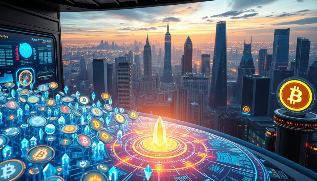 A futuristic scene of the cryptocurrency market, showcasing the various digital coins and tokens that make up the crypto landscape. The foreground features a stunning array of crystalline-like cryptocurrency symbols, each glowing with an ethereal luminescence and floating against a backdrop of sleek, high-tech displays. The middle ground depicts a thriving hub of activity, with holographic interfaces, digital ledgers, and data visualizations pulsing with energy. In the background, a cityscape of towering skyscrapers and interconnected networks reflects the global, decentralized nature of the crypto ecosystem. The overall atmosphere is one of innovation, dynamism, and the boundless potential of the cryptonews.in.ua industry.