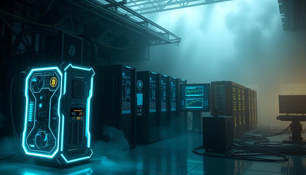 A futuristic, technologically-advanced mining rig, glowing with an ethereal blue light, stands prominently in the foreground. In the middle ground, a cluster of interconnected computers and servers hum with activity, their screens displaying complex algorithms and digital currency graphs. The background is shrouded in a moody, atmospheric haze, suggesting the vast, sprawling nature of the Bitcoin mining network. The overall scene conveys the power, scale, and technical sophistication of the "майнинг биткоина" process. Cryptonews.in.ua