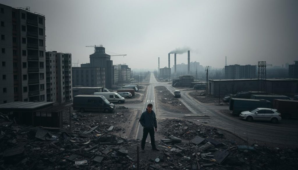 A gloomy, dimly-lit cityscape of Kyiv, Ukraine, with crumbling buildings, abandoned factories, and a sense of economic stagnation. In the foreground, a lone figure stands amidst the rubble, their expression one of worry and uncertainty. The middle ground is filled with dilapidated infrastructure, broken roads, and abandoned vehicles, conveying a sense of neglect and decline. The background is shrouded in a hazy, overcast sky, adding to the somber atmosphere. The overall scene evokes a feeling of economic downturn and hardship, reflecting the current economic situation in Ukraine. The image is captured with a moody, cinematic lens, creating a visually striking representation of the "экономического спада" (economic recession) for the article "Анализ инвестиционных возможностей в Украине." by cryptonews.in.ua. A gloomy, dimly-lit cityscape of Kyiv, Ukraine, with crumbling buildings, abandoned factories, and a sense of economic stagnation. In the foreground, a lone figure stands amidst the rubble, their expression one of worry and uncertainty. The middle ground is filled with dilapidated infrastructure, broken roads, and abandoned vehicles, conveying a sense of neglect and decline. The background is shrouded in a hazy, overcast sky, adding to the somber atmosphere. The overall scene evokes a feeling of economic downturn and hardship, reflecting the current economic situation in Ukraine. The image is captured with a moody, cinematic lens, creating a visually striking representation of the "экономического спада" (economic recession) for the article "Анализ инвестиционных возможностей в Украине." by cryptonews.in.ua.