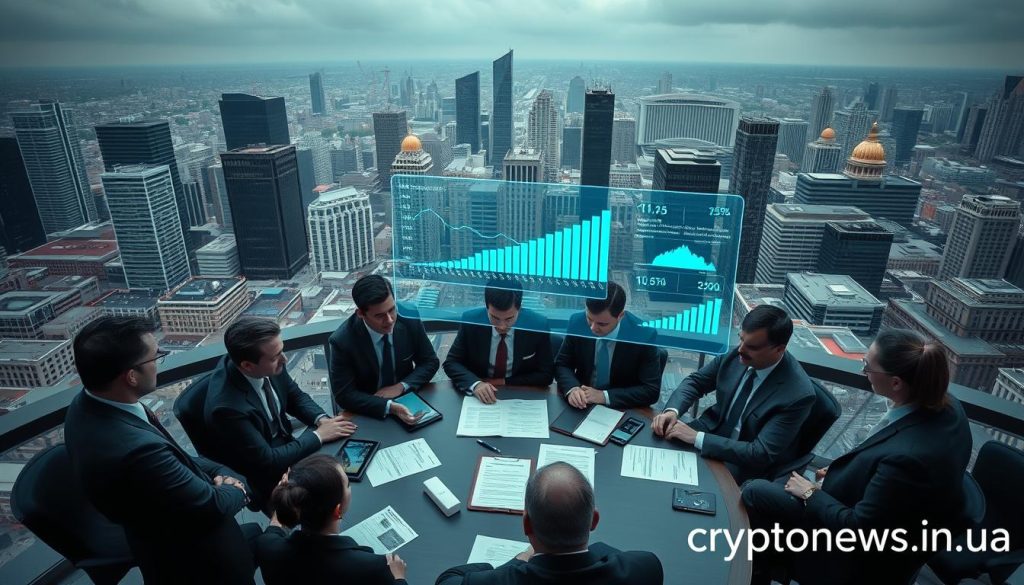 A high-angle, wide-shot view of a cityscape with modern skyscrapers and government buildings in the background. In the foreground, a group of business professionals in suits are gathered around a table, engaged in a serious discussion. On the table are documents, tablets, and a holographic display showing charts and statistics related to cryptocurrency regulations in Ukraine. The lighting is slightly cool and moody, with a sense of tension and importance in the scene. In the bottom right corner, the brand name "cryptonews.in.ua" is discreetly displayed.