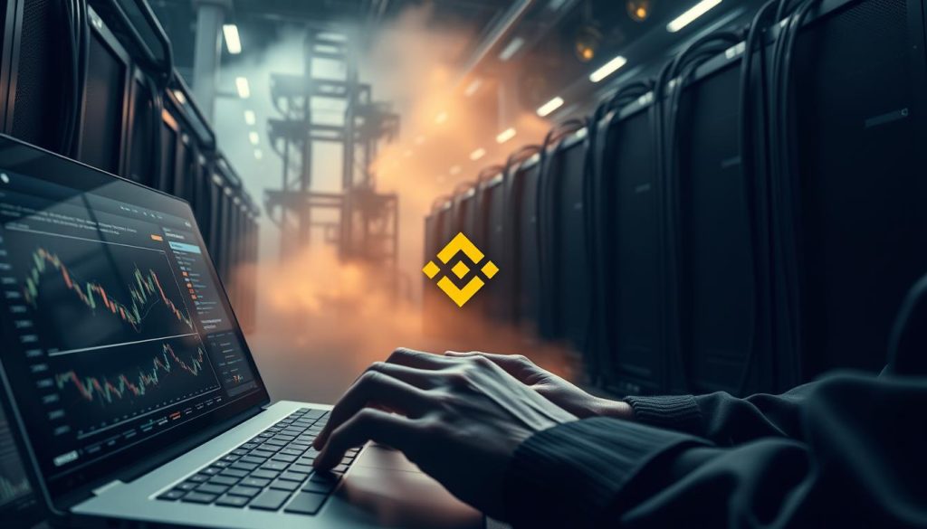 A high-contrast, cinematic scene depicting the concept of "Управление рисками на Binance". In the foreground, a trader's hands operate a sleek, futuristic-looking trading platform, with analytical charts and risk management tools displayed on the screen. In the middle ground, a Binance logo floats in a hazy, ethereal atmosphere, symbolizing the platform's role in the scene. The background is a moody, industrial landscape with towering data servers and cables, evoking the complex, high-stakes world of cryptocurrency trading. The overall tone is one of focus, control, and strategic decision-making. Lighting is dramatic, with strong shadows and highlights. Cryptonews.in.ua