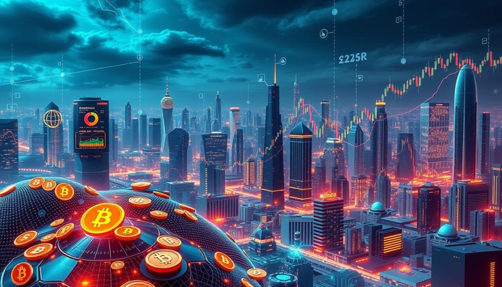 A high-fidelity, detailed digital illustration of the cryptocurrency market. Crisp, vibrant colors depict a futuristic, technologically-advanced landscape with holographic charts, data visualizations, and digital interfaces. The foreground showcases a variety of cryptocurrency symbols and icons, conveying the diversity of the market. The middle ground features intricate trading graphs, trend lines, and market indicators. The background is filled with a cityscape of skyscrapers and futuristic architecture, alluding to the global scale and integration of the crypto ecosystem. Dramatic lighting and shadows create a sense of depth and dynamism. The overall tone is professional, authoritative, and emblematic of the cryptonews.in.ua brand.