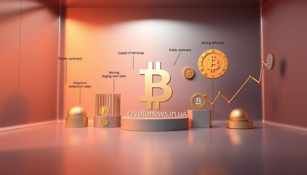 A high-quality, detailed 3D render of various factors influencing the price of Bitcoin, including supply and demand, regulatory changes, public sentiment, mining difficulty, and adoption rates. The scene is set in a modern, minimalist environment with a sleek, metallic aesthetic. The factors are represented by abstract geometric shapes and symbols, with a warm, directional lighting that casts dramatic shadows. The overall mood is one of analytical insight and financial sophistication. The cryptonews.in.ua brand is subtly integrated into the design.