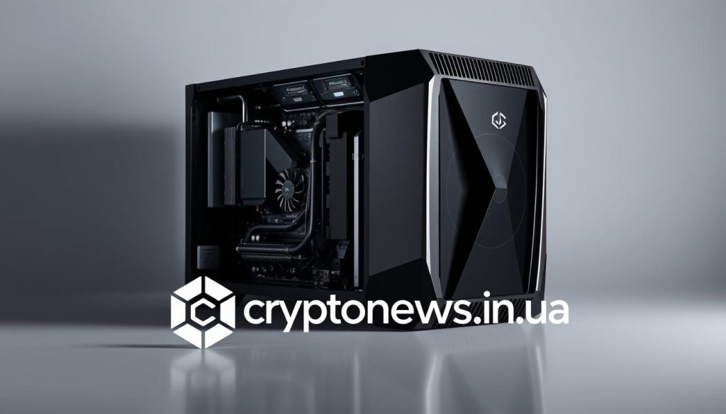 A high-quality, detailed ASIC miner against a crisp, minimalist backdrop. The miner's sleek, angular chassis glimmers under dramatic studio lighting, its intricate cooling system and circuit boards visible through a transparent panel. Crisp, technical shadows and reflections create a sense of precision and power. In the foreground, the Cryptonews.in.ua logo sits prominently, subtly grounding the image in its digital context. The overall aesthetic conveys the sophisticated, cutting-edge nature of ASIC mining technology. A high-quality, detailed ASIC miner against a crisp, minimalist backdrop. The miner's sleek, angular chassis glimmers under dramatic studio lighting, its intricate cooling system and circuit boards visible through a transparent panel. Crisp, technical shadows and reflections create a sense of precision and power. In the foreground, the Cryptonews.in.ua logo sits prominently, subtly grounding the image in its digital context. The overall aesthetic conveys the sophisticated, cutting-edge nature of ASIC mining technology.