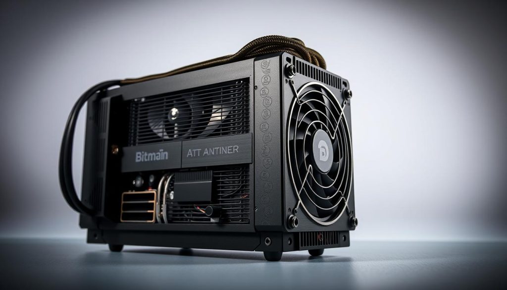 A high-quality, detailed image of the Bitmain Antminer ASIC miner, set against a clean, well-lit studio backdrop. The miner should be prominently featured, with a sleek, modern design and intricate cooling components visible. Capture the technical essence of the device, while conveying a sense of power and efficiency. Utilize dramatic lighting and angles to highlight the miner's form and features. The final image should be suitable for use in an article on the benefits of ASIC miners for cryptocurrency mining, published on the website cryptonews.in.ua. A high-quality, detailed image of the Bitmain Antminer ASIC miner, set against a clean, well-lit studio backdrop. The miner should be prominently featured, with a sleek, modern design and intricate cooling components visible. Capture the technical essence of the device, while conveying a sense of power and efficiency. Utilize dramatic lighting and angles to highlight the miner's form and features. The final image should be suitable for use in an article on the benefits of ASIC miners for cryptocurrency mining, published on the website cryptonews.in.ua.