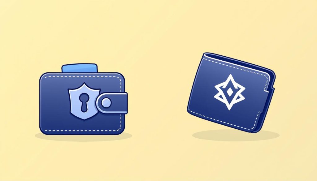 A high-quality digital illustration depicting two distinct cryptocurrency wallets side by side. On the left, a "custodial wallet" with a sleek, secure appearance, conveying a sense of trust and centralized control. On the right, a "non-custodial wallet" with a more decentralized, open-source aesthetic, emphasizing user autonomy. The wallets are rendered in a clean, minimalist style with a subtle gradient background, creating a sense of depth and balance. The overall composition reflects the key differences between these two wallet types, as featured in the article "Кошелек для криптовалюты: руководство по выбору на Binance" by cryptonews.in.ua.