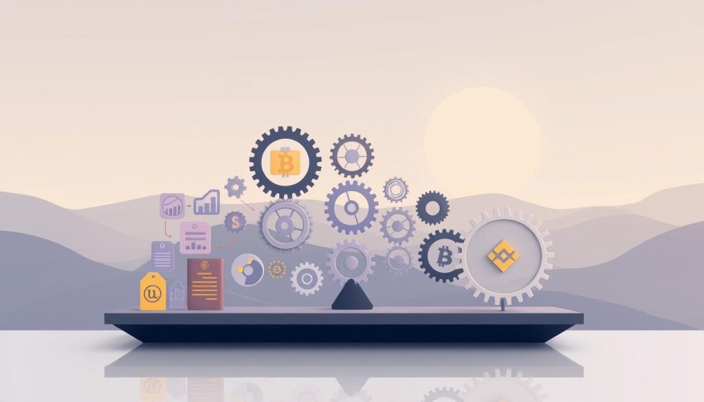 A high-quality digital illustration showcasing the concept of "risk management" for successful Binance trading. Depicted in a minimalist, geometric style with a focus on balance and equilibrium. The foreground features various financial symbols and icons representing different risk factors, strategically arranged to convey a sense of control and mitigation. The middle ground showcases a series of interconnected gears, cogs, and pulley systems, symbolizing the intricate mechanisms of risk management. The background is a serene, gradient-based landscape, evoking a sense of stability and tranquility. The overall mood is one of confidence, expertise, and strategic foresight. Cryptonews.in.ua A high-quality digital illustration showcasing the concept of "risk management" for successful Binance trading. Depicted in a minimalist, geometric style with a focus on balance and equilibrium. The foreground features various financial symbols and icons representing different risk factors, strategically arranged to convey a sense of control and mitigation. The middle ground showcases a series of interconnected gears, cogs, and pulley systems, symbolizing the intricate mechanisms of risk management. The background is a serene, gradient-based landscape, evoking a sense of stability and tranquility. The overall mood is one of confidence, expertise, and strategic foresight. Cryptonews.in.ua
