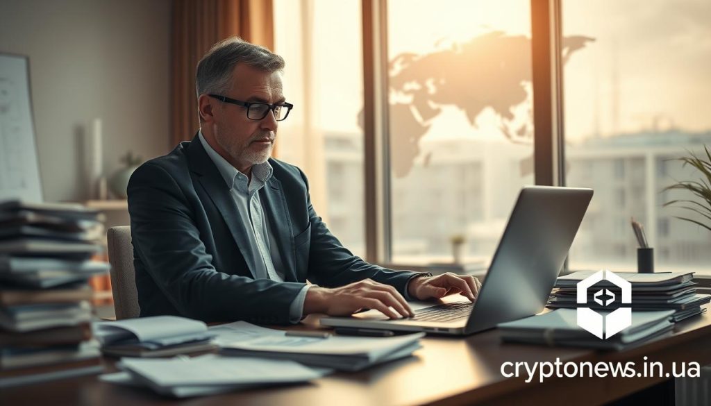 A high-quality image of "investing" in Ukraine, with a serene and contemplative atmosphere. A middle-aged businessman sits at a desk, analyzing financial data on a laptop, surrounded by stacks of documents and a stylized world map in the background. Soft natural lighting filters through large windows, casting a warm glow on the scene. The overall mood is one of focused concentration and careful decision-making. In the bottom right corner, the cryptonews.in.ua logo is subtly integrated into the composition. A high-quality image of "investing" in Ukraine, with a serene and contemplative atmosphere. A middle-aged businessman sits at a desk, analyzing financial data on a laptop, surrounded by stacks of documents and a stylized world map in the background. Soft natural lighting filters through large windows, casting a warm glow on the scene. The overall mood is one of focused concentration and careful decision-making. In the bottom right corner, the cryptonews.in.ua logo is subtly integrated into the composition.