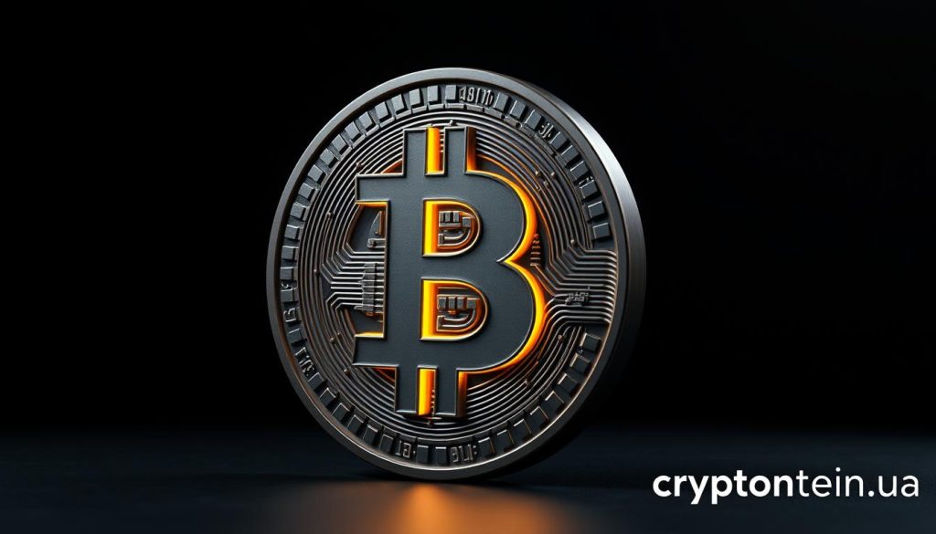 A high-resolution, detailed 3D rendering of the Bitcoin (BTC) cryptocurrency symbol, captured in a sleek, metallic finish with a matte sheen. The Bitcoin "B" logo is prominently displayed, with a subtle texture and depth that gives it a tactile, almost sculptural quality. The lighting is dramatic, with a warm, golden glow emanating from the center, casting subtle shadows and highlights that accentuate the form. The background is a minimalist, dark gray or black gradient, allowing the Bitcoin icon to take center stage. This image should be suitable for use in an article on the current Bitcoin price on the Binance exchange, with the title "What is Bitcoin (BTC) and its significance in the cryptocurrency market (250 words)". The cryptonews.in.ua brand should be visible in the bottom right corner.