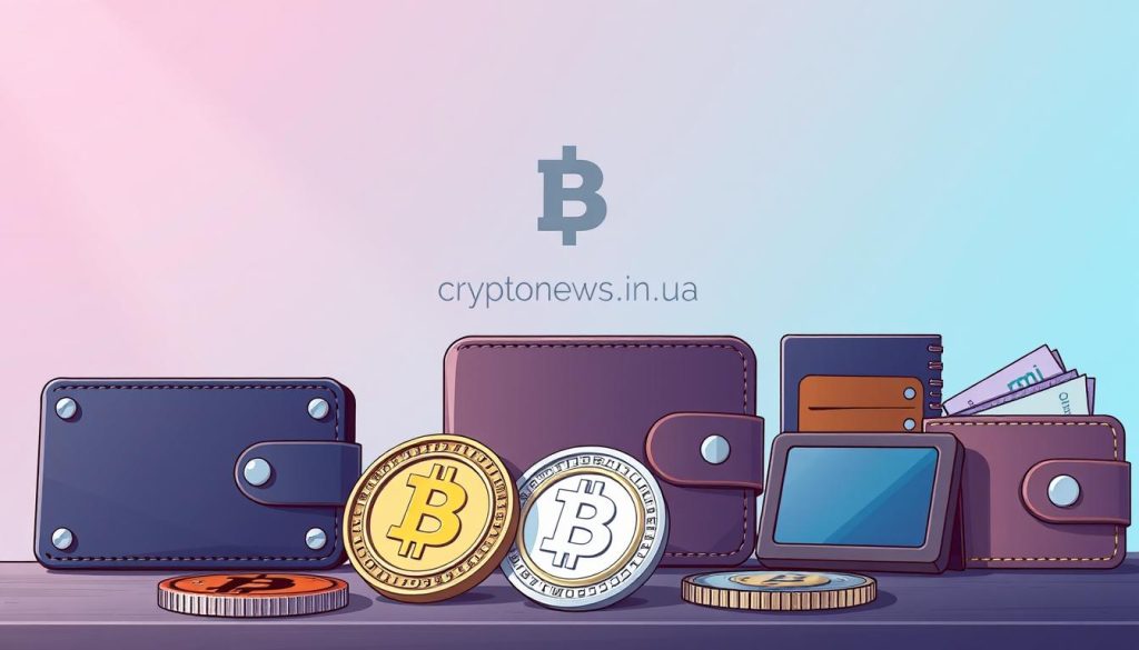 A high-resolution, detailed illustration of various cryptocurrency wallet types, including hardware, software, and mobile wallets, against a modern, minimalist background. The wallets are displayed in the foreground, with a midground featuring a stylized cryptocurrency symbol and the brand "cryptonews.in.ua" subtly incorporated. The background showcases a soft, gradient-based color scheme, with gentle lighting that creates depth and a sense of sophistication. The overall composition should convey the secure and reliable nature of cryptocurrency storage solutions. A high-resolution, detailed illustration of various cryptocurrency wallet types, including hardware, software, and mobile wallets, against a modern, minimalist background. The wallets are displayed in the foreground, with a midground featuring a stylized cryptocurrency symbol and the brand "cryptonews.in.ua" subtly incorporated. The background showcases a soft, gradient-based color scheme, with gentle lighting that creates depth and a sense of sophistication. The overall composition should convey the secure and reliable nature of cryptocurrency storage solutions.