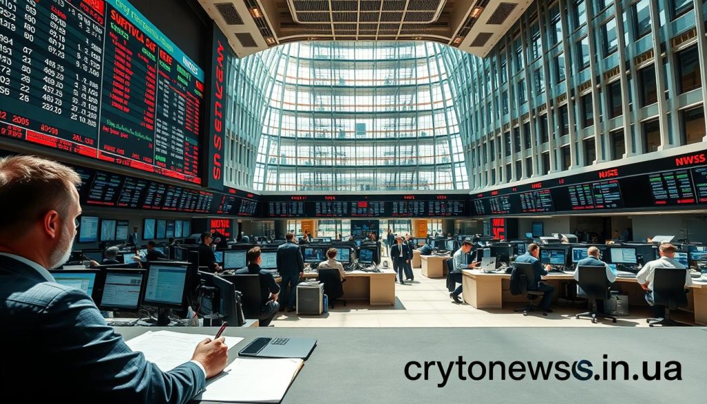 A high-resolution, detailed image of a modern stock exchange trading floor, with a large digital display board showing real-time stock prices and market indices. In the foreground, a group of professional traders and analysts closely monitoring their trading terminals, with a sense of focus and intensity. The middle ground features a bustling open-plan trading area, with brokers and investors actively engaged in transactions. The background showcases an expansive, architecturally striking building with floor-to-ceiling windows, conveying a sense of scale and grandeur. The lighting is bright and natural, creating a sense of energy and dynamism. The overall atmosphere evokes the fast-paced, high-stakes world of investment trading. The image includes the brand name "cryptonews.in.ua" as a subtle watermark. A high-resolution, detailed image of a modern stock exchange trading floor, with a large digital display board showing real-time stock prices and market indices. In the foreground, a group of professional traders and analysts closely monitoring their trading terminals, with a sense of focus and intensity. The middle ground features a bustling open-plan trading area, with brokers and investors actively engaged in transactions. The background showcases an expansive, architecturally striking building with floor-to-ceiling windows, conveying a sense of scale and grandeur. The lighting is bright and natural, creating a sense of energy and dynamism. The overall atmosphere evokes the fast-paced, high-stakes world of investment trading. The image includes the brand name "cryptonews.in.ua" as a subtle watermark.
