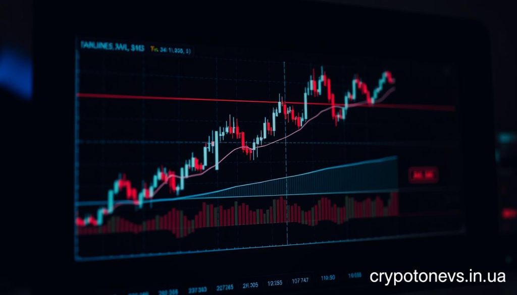A high-resolution, detailed stock chart analysis display depicting a technical analysis of stock performance, including candlestick patterns, moving averages, and other technical indicators. The chart is presented against a dark, minimalist background, with a focus on the key data visualizations. The overall mood is one of analytical precision and financial insight. The image prominently features the "cryptonews.in.ua" branding in the lower right corner. A high-resolution, detailed stock chart analysis display depicting a technical analysis of stock performance, including candlestick patterns, moving averages, and other technical indicators. The chart is presented against a dark, minimalist background, with a focus on the key data visualizations. The overall mood is one of analytical precision and financial insight. The image prominently features the "cryptonews.in.ua" branding in the lower right corner.