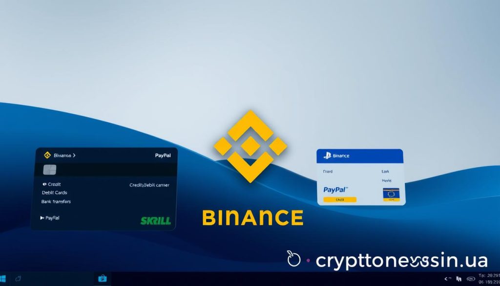 A high-resolution, hyper-realistic image depicting the various payment methods available on the Binance cryptocurrency exchange platform. The scene shows a sleek, modern desktop interface with a clean, user-friendly layout. In the foreground, a selection of payment options is prominently displayed, including credit/debit cards, bank transfers, and popular e-wallets like PayPal and Skrill. The middle ground features a large, central Binance logo, subtly highlighting the brand. The background showcases a subtle, gradient-based color scheme in hues of blue and gray, creating a sense of depth and professionalism. The overall mood is one of simplicity, security, and accessibility, reflecting Binance's reputation as a leading cryptocurrency exchange. Signed "cryptonews.in.ua" in the bottom right corner. A high-resolution, hyper-realistic image depicting the various payment methods available on the Binance cryptocurrency exchange platform. The scene shows a sleek, modern desktop interface with a clean, user-friendly layout. In the foreground, a selection of payment options is prominently displayed, including credit/debit cards, bank transfers, and popular e-wallets like PayPal and Skrill. The middle ground features a large, central Binance logo, subtly highlighting the brand. The background showcases a subtle, gradient-based color scheme in hues of blue and gray, creating a sense of depth and professionalism. The overall mood is one of simplicity, security, and accessibility, reflecting Binance's reputation as a leading cryptocurrency exchange. Signed "cryptonews.in.ua" in the bottom right corner.
