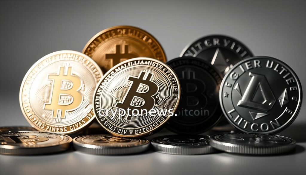 A high-resolution, hyperrealistic image of various US cryptocurrencies, including Bitcoin, Ethereum, and Litecoin, arranged in a visually striking composition. The coins are depicted in a dramatic chiaroscuro lighting, with sharp shadows and highlights that accentuate their metallic textures. The image has a sense of depth, with the coins placed at different distances from the viewer, creating a sense of layering and complexity. The background is a muted, neutral tone that allows the cryptocurrencies to take center stage. The overall mood is one of authority, stability, and technological sophistication. The brand name "cryptonews.in.ua" is subtly incorporated into the image, adding a sense of credibility and connection to the Ukrainian crypto news landscape.