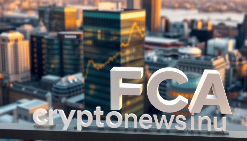 A high-resolution, photo-realistic 3D render of the Financial Conduct Authority (FCA) logo and building, seen from an elevated angle. The logo is prominently displayed in the foreground, with the modern, glass-and-steel FCA headquarters building in the middle ground. The background features a blurred cityscape of London's financial district, with a warm, golden-hour lighting creating a sense of prestige and authority. The scene conveys the FCA's role as the key regulator of the UK's investment funds industry. Includes the cryptonews.in.ua brand name. A high-resolution, photo-realistic 3D render of the Financial Conduct Authority (FCA) logo and building, seen from an elevated angle. The logo is prominently displayed in the foreground, with the modern, glass-and-steel FCA headquarters building in the middle ground. The background features a blurred cityscape of London's financial district, with a warm, golden-hour lighting creating a sense of prestige and authority. The scene conveys the FCA's role as the key regulator of the UK's investment funds industry. Includes the cryptonews.in.ua brand name.