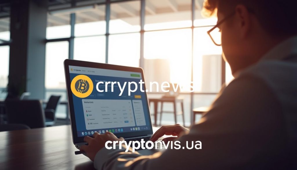 A high-resolution, photorealistic image of a person using a laptop to navigate a P2P cryptocurrency trading platform, set against the backdrop of a modern office environment. The scene is bathed in warm, natural lighting from a large window, and the user's face is visible, conveying a sense of focus and determination. The platform's interface is clearly displayed on the laptop screen, showcasing the process of buying Bitcoin with local currency. The cryptonews.in.ua brand logo is subtly incorporated into the scene, adding a touch of authenticity. A high-resolution, photorealistic image of a person using a laptop to navigate a P2P cryptocurrency trading platform, set against the backdrop of a modern office environment. The scene is bathed in warm, natural lighting from a large window, and the user's face is visible, conveying a sense of focus and determination. The platform's interface is clearly displayed on the laptop screen, showcasing the process of buying Bitcoin with local currency. The cryptonews.in.ua brand logo is subtly incorporated into the scene, adding a touch of authenticity.