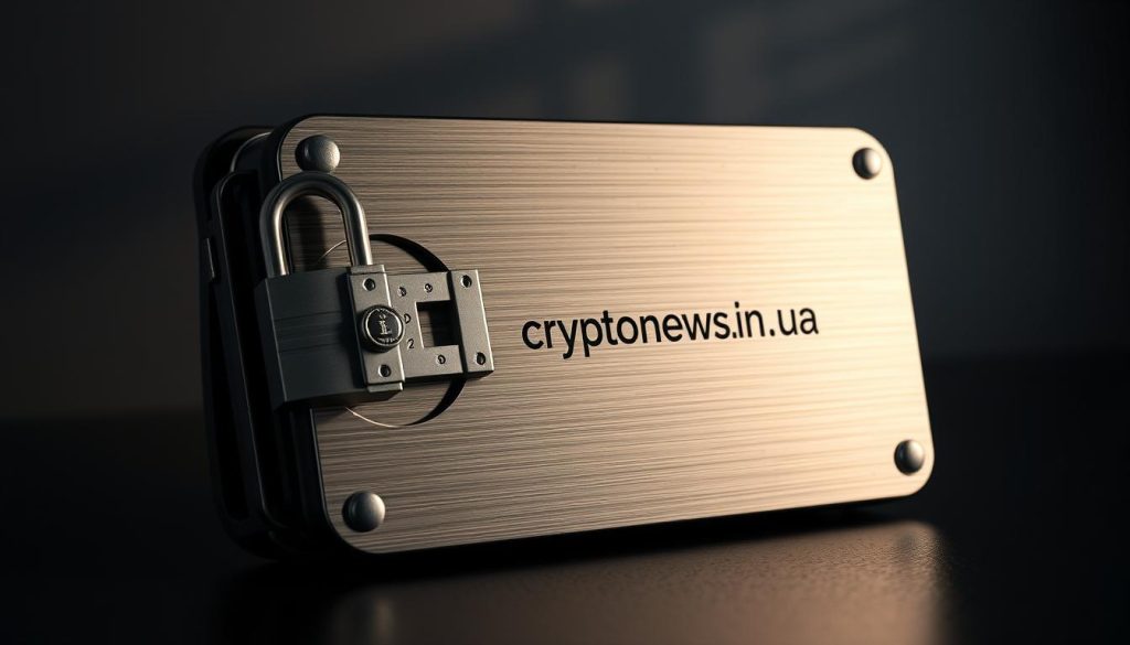 A high-resolution, photorealistic image of a secure cryptocurrency wallet made of sturdy metal with a complex lock mechanism. The wallet is set against a minimalist, dark backdrop with subtle lighting, casting dramatic shadows. The wallet features the brand name "cryptonews.in.ua" discreetly engraved on the surface. The image conveys a sense of security, durability, and attention to detail, reflecting the importance of safeguarding digital assets.