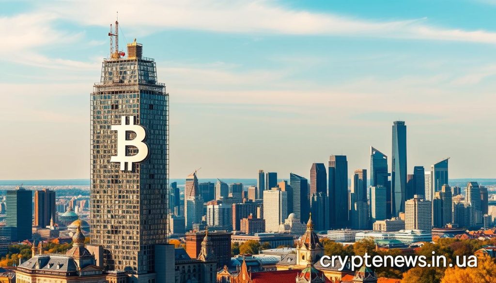 A high-resolution, photorealistic image of the Bitcoin cryptocurrency market capitalization, depicted as a towering, silver-gray blockchain structure rising from a cityscape with skyscrapers and a clear, blue sky. The foreground showcases the Bitcoin symbol prominently displayed, surrounded by a dynamic array of blockchain nodes, transaction data streams, and digital currency tickers. The middle ground features a detailed city skyline with various architectural styles, while the background reveals a serene, cloudless sky bathed in warm, golden lighting. The overall composition conveys a sense of technological progress, financial stability, and the growing dominance of Bitcoin within the Ukrainian crypto market. Includes the "cryptonews.in.ua" brand watermark. A high-resolution, photorealistic image of the Bitcoin cryptocurrency market capitalization, depicted as a towering, silver-gray blockchain structure rising from a cityscape with skyscrapers and a clear, blue sky. The foreground showcases the Bitcoin symbol prominently displayed, surrounded by a dynamic array of blockchain nodes, transaction data streams, and digital currency tickers. The middle ground features a detailed city skyline with various architectural styles, while the background reveals a serene, cloudless sky bathed in warm, golden lighting. The overall composition conveys a sense of technological progress, financial stability, and the growing dominance of Bitcoin within the Ukrainian crypto market. Includes the "cryptonews.in.ua" brand watermark.
