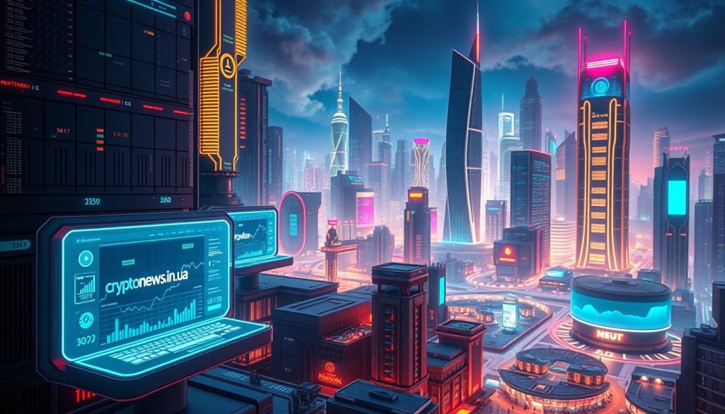 A high-tech, futuristic cityscape featuring a network of cryptocurrency exchanges, with glowing holographic displays, neon-lit interfaces, and a bustling trading floor. In the foreground, a sleek, minimalist cryptocurrency exchange platform with the cryptonews.in.ua brand prominently displayed. The middle ground showcases a diverse array of financial data, charts, and analytics visualizations. In the background, a towering skyline of skyscrapers and futuristic architecture, bathed in a warm, vibrant lighting that evokes a sense of innovation and progress.