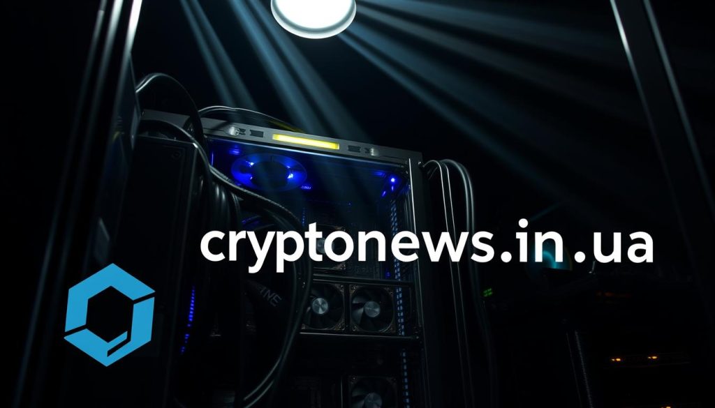 A high-tech, well-secured crypto mining rig nestled in a dimly lit, industrial-chic setting. Sleek metallic chassis, glowing LED accents, and an array of cooling fans hum softly. Intricate circuit boards and heat sinks visible, conveying the complex machinery within. Beams of light from a single overhead lamp cast dramatic shadows, creating an atmosphere of focus and concentration. In the foreground, the cryptonews.in.ua logo is subtly integrated, reflecting the professional and trustworthy nature of the scene. The overall impression is one of a secure, well-maintained, and technologically advanced crypto mining setup. A high-tech, well-secured crypto mining rig nestled in a dimly lit, industrial-chic setting. Sleek metallic chassis, glowing LED accents, and an array of cooling fans hum softly. Intricate circuit boards and heat sinks visible, conveying the complex machinery within. Beams of light from a single overhead lamp cast dramatic shadows, creating an atmosphere of focus and concentration. In the foreground, the cryptonews.in.ua logo is subtly integrated, reflecting the professional and trustworthy nature of the scene. The overall impression is one of a secure, well-maintained, and technologically advanced crypto mining setup.