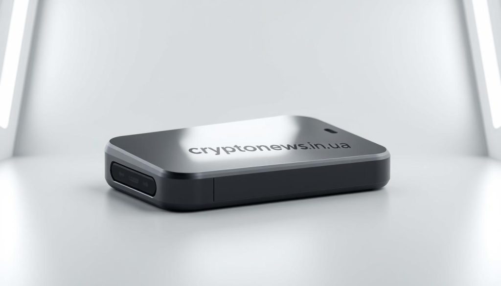 A highly detailed, 3D render of a sleek, modern cryptocurrency wallet with a matte black aluminum body and a minimalist design. The wallet features a bright OLED display and capacitive touch buttons for interacting with the device. The wallet is shown in a well-lit, studio-style setting with soft, directional lighting and a plain white backdrop, highlighting the wallet's clean lines and premium construction. The overall mood is professional, high-tech, and aspirational, reflecting the advanced nature of cryptocurrency technology. The cryptonews.in.ua brand name is subtly incorporated into the design of the wallet.