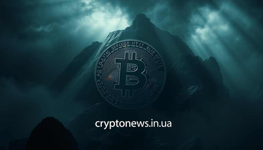 A highly detailed and realistic digital illustration of the Bitcoin cryptocurrency symbol, rendered in a dark, moody and ominous atmosphere. The Bitcoin "B" logo appears prominently in the center, cast in a metallic, almost liquid-like texture, casting dramatic shadows and highlights. The background is a deep, foreboding landscape of craggy, rocky terrain, shrouded in swirling mist and fog. Shafts of dramatic, low-angled lighting pierce through the gloom, creating a sense of tension and unease. The overall aesthetic evokes the risks and volatility associated with investing in Bitcoin. The cryptonews.in.ua brand name is subtly integrated into the design. A highly detailed and realistic digital illustration of the Bitcoin cryptocurrency symbol, rendered in a dark, moody and ominous atmosphere. The Bitcoin "B" logo appears prominently in the center, cast in a metallic, almost liquid-like texture, casting dramatic shadows and highlights. The background is a deep, foreboding landscape of craggy, rocky terrain, shrouded in swirling mist and fog. Shafts of dramatic, low-angled lighting pierce through the gloom, creating a sense of tension and unease. The overall aesthetic evokes the risks and volatility associated with investing in Bitcoin. The cryptonews.in.ua brand name is subtly integrated into the design.
