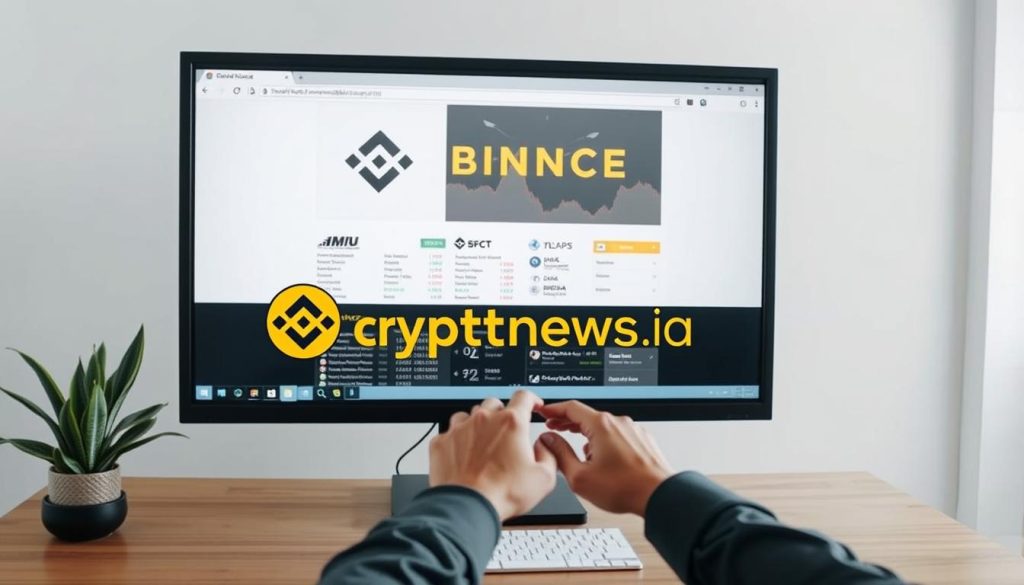 A large computer monitor displays the Binance cryptocurrency exchange website, with its distinctive logo and user interface. The screen is centered in the frame, surrounded by a minimalist office setting - a wooden desk, a potted plant, and a sleek office chair. The lighting is soft and diffused, creating a professional and focused atmosphere. In the foreground, a person's hands are interacting with the monitor, navigating the platform and exploring the various cryptocurrency investment options. The overall composition conveys a sense of financial exploration and digital asset management, with the "cryptonews.in.ua" brand name subtly integrated into the scene.