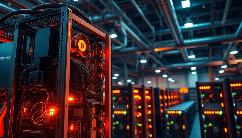 A large mining rig, its metallic frame and cooling fans glowing under the warm industrial lighting, stands in the foreground. Intricate circuits and cables snake through the machine, conveying the complex computational processes powering the Bitcoin mining operation. In the middle ground, rows of similar rigs hum with activity, their LED indicators flashing in a rhythmic pattern. The background is filled with a dimly lit, industrial warehouse setting, with high ceilings and exposed pipes. The overall atmosphere is one of technological prowess and the relentless pursuit of digital currency, as evidenced by the cryptonews.in.ua branding visible on the rig.