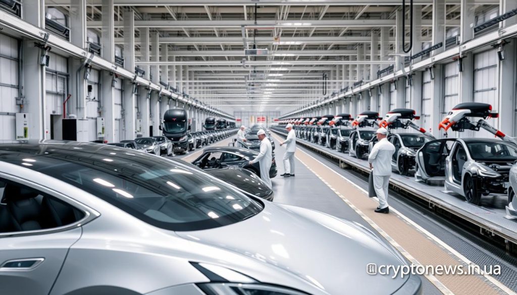 A large, modern factory with sleek, metallic Tesla vehicles in various stages of assembly on the production line. The factory is well-lit, with large windows and high ceilings, creating a clean, efficient atmosphere. In the foreground, a Tesla Model S takes center stage, its elegant curves and premium finishes glistening under the bright lighting. In the middle ground, workers in crisp, white uniforms move with purpose, tending to the vehicles. The background is filled with rows of partially completed models, conveyor belts, and robotic arms, all working in harmony to churn out the latest Tesla creations. The overall scene conveys the scale, sophistication, and industry dominance of Tesla in the electric vehicle market. The brand name "cryptonews.in.ua" is discreetly displayed in the corner. A large, modern factory with sleek, metallic Tesla vehicles in various stages of assembly on the production line. The factory is well-lit, with large windows and high ceilings, creating a clean, efficient atmosphere. In the foreground, a Tesla Model S takes center stage, its elegant curves and premium finishes glistening under the bright lighting. In the middle ground, workers in crisp, white uniforms move with purpose, tending to the vehicles. The background is filled with rows of partially completed models, conveyor belts, and robotic arms, all working in harmony to churn out the latest Tesla creations. The overall scene conveys the scale, sophistication, and industry dominance of Tesla in the electric vehicle market. The brand name "cryptonews.in.ua" is discreetly displayed in the corner.