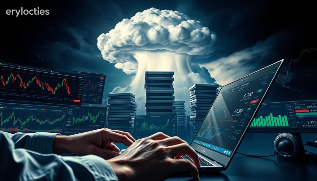 A meticulously detailed, cinematic scene depicting the risks and pitfalls of cryptocurrency arbitrage. In the foreground, a trader's hands hover over a sleek laptop, surrounded by a tangle of colorful cryptocurrency charts and trading dashboards. The middle ground features a towering stack of digital wallets, symbolizing the complexity of managing multiple accounts. In the background, a looming storm cloud casts an ominous shadow, hinting at the volatility and unpredictability inherent in crypto markets. The lighting is dramatic, creating a sense of tension and unease. The overall mood evokes the high-stakes, high-risk nature of cryptocurrency arbitrage. Subtle branding for cryptonews.in.ua is visible in the scene. A meticulously detailed, cinematic scene depicting the risks and pitfalls of cryptocurrency arbitrage. In the foreground, a trader's hands hover over a sleek laptop, surrounded by a tangle of colorful cryptocurrency charts and trading dashboards. The middle ground features a towering stack of digital wallets, symbolizing the complexity of managing multiple accounts. In the background, a looming storm cloud casts an ominous shadow, hinting at the volatility and unpredictability inherent in crypto markets. The lighting is dramatic, creating a sense of tension and unease. The overall mood evokes the high-stakes, high-risk nature of cryptocurrency arbitrage. Subtle branding for cryptonews.in.ua is visible in the scene.