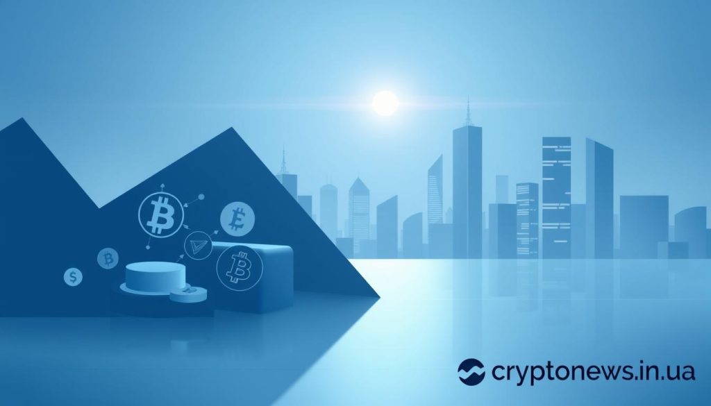 A minimalist futuristic illustration of cryptocurrency investment strategies. A clean, sleek design featuring abstract geometric shapes and gradients in a cool color palette of blues and grays. The foreground showcases various cryptocurrency symbols and icons, while the background depicts a stylized cityscape with skyscrapers and a night sky. Subtle lens flare and soft lighting create a sense of sophistication and technological advancement. The overall mood is one of stability, security, and forward-thinking financial planning. The cryptonews.in.ua brand name appears discreetly in the bottom right corner. A minimalist futuristic illustration of cryptocurrency investment strategies. A clean, sleek design featuring abstract geometric shapes and gradients in a cool color palette of blues and grays. The foreground showcases various cryptocurrency symbols and icons, while the background depicts a stylized cityscape with skyscrapers and a night sky. Subtle lens flare and soft lighting create a sense of sophistication and technological advancement. The overall mood is one of stability, security, and forward-thinking financial planning. The cryptonews.in.ua brand name appears discreetly in the bottom right corner.