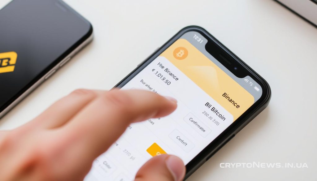 A mobile device screen displaying the Binance app interface, with a person's hand interacting with the app to purchase Bitcoin. The screen shows clear details of the transaction process, including order options, exchange rates, and confirmation buttons. The overall scene is well-lit, with a clean and minimalist aesthetic that reflects the sleek design of the Binance app. In the background, a subtle branding element such as the cryptonews.in.ua logo adds context to the image.