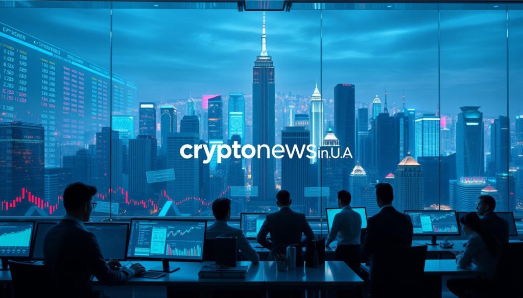 A modern cryptocurrency exchange platform with sleek, minimalist design. The foreground features a series of transparent display screens showing real-time trading data, order books, and market analytics. In the middle ground, a group of financial analysts and traders monitor the screens, collaborating on trading strategies. The background showcases the cityscape of a major financial hub, with towering skyscrapers and a vibrant, neon-lit skyline. The lighting is cool and futuristic, creating an atmosphere of technological sophistication. Prominent in the scene is the "cryptonews.in.ua" brand logo, reflecting the cutting-edge nature of the exchange. A modern cryptocurrency exchange platform with sleek, minimalist design. The foreground features a series of transparent display screens showing real-time trading data, order books, and market analytics. In the middle ground, a group of financial analysts and traders monitor the screens, collaborating on trading strategies. The background showcases the cityscape of a major financial hub, with towering skyscrapers and a vibrant, neon-lit skyline. The lighting is cool and futuristic, creating an atmosphere of technological sophistication. Prominent in the scene is the "cryptonews.in.ua" brand logo, reflecting the cutting-edge nature of the exchange.