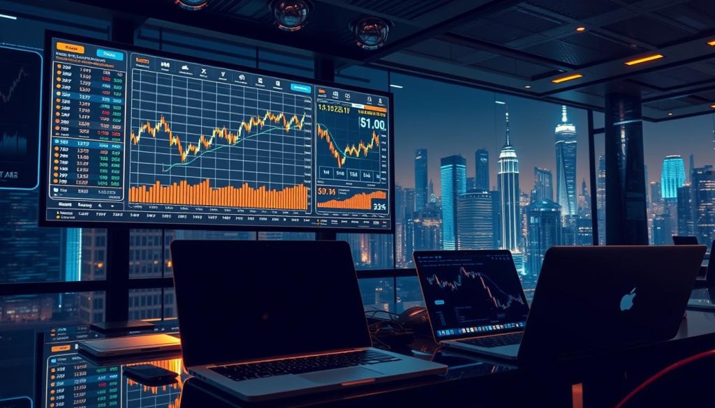 A modern cryptocurrency exchange, with sleek digital interfaces and sophisticated trading tools. The scene depicts a large screen displaying real-time market data, graphs, and trends, illuminated by a warm, metallic lighting. In the foreground, various digital devices, such as laptops and tablets, are strategically placed, hinting at the active involvement of investors and traders. The background showcases a futuristic cityscape, symbolizing the global interconnectedness of the crypto ecosystem. The overall atmosphere conveys a sense of technological prowess, financial complexity, and the dynamic nature of the cryptonews.in.ua platform. A modern cryptocurrency exchange, with sleek digital interfaces and sophisticated trading tools. The scene depicts a large screen displaying real-time market data, graphs, and trends, illuminated by a warm, metallic lighting. In the foreground, various digital devices, such as laptops and tablets, are strategically placed, hinting at the active involvement of investors and traders. The background showcases a futuristic cityscape, symbolizing the global interconnectedness of the crypto ecosystem. The overall atmosphere conveys a sense of technological prowess, financial complexity, and the dynamic nature of the cryptonews.in.ua platform.