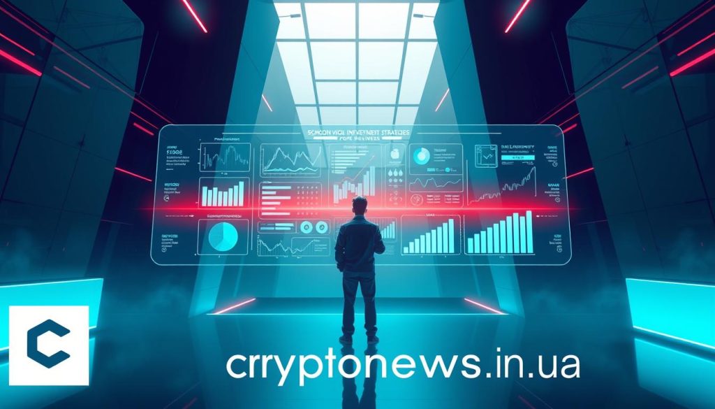 A modern, digital illustration showcasing the key investment strategies for business success in Ukraine. Set against a backdrop of sleek, geometric architecture, a central figure examines a futuristic display of investment options and analytics, representing the "Основные виды инвестиционных стратегий". The lighting is cool and moody, with neon accents and holographic elements. In the foreground, the "cryptonews.in.ua" brand is subtly integrated into the scene. The overall atmosphere conveys a sense of innovation, data-driven decision-making, and the promise of profitable investment opportunities. A modern, digital illustration showcasing the key investment strategies for business success in Ukraine. Set against a backdrop of sleek, geometric architecture, a central figure examines a futuristic display of investment options and analytics, representing the "Основные виды инвестиционных стратегий". The lighting is cool and moody, with neon accents and holographic elements. In the foreground, the "cryptonews.in.ua" brand is subtly integrated into the scene. The overall atmosphere conveys a sense of innovation, data-driven decision-making, and the promise of profitable investment opportunities.