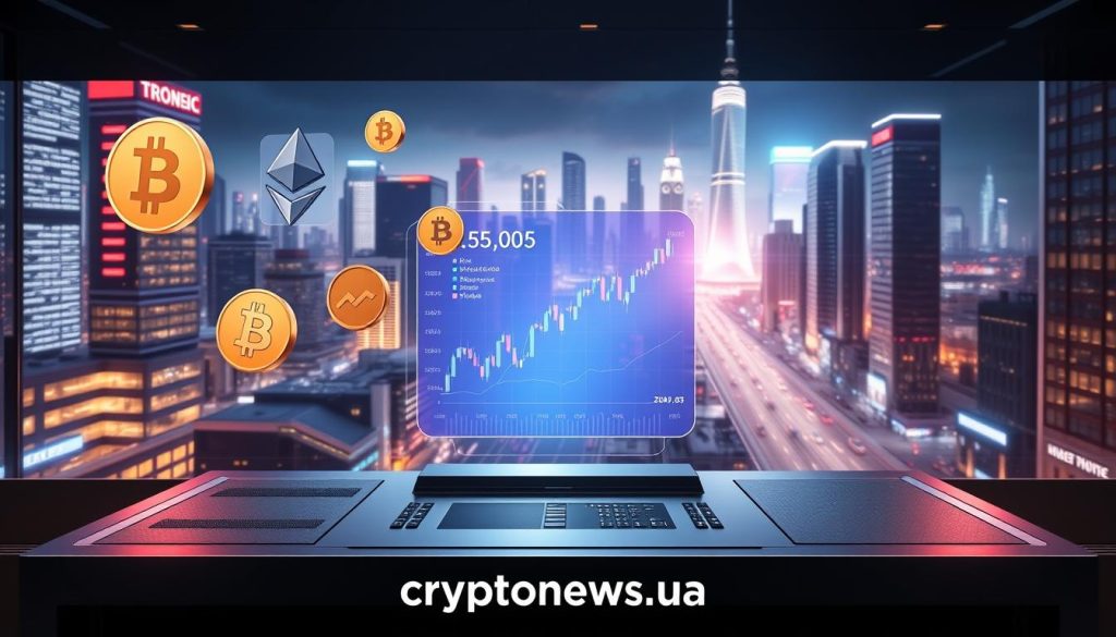 A modern, futuristic-looking cryptocurrency exchange platform, with a clean and intuitive user interface. The foreground features various digital currency symbols and icons, such as Bitcoin, Ethereum, and Litecoin, floating above a sleek, metallic console. The middle ground showcases a large, holographic display showing real-time market data and trading activity. In the background, a cityscape of gleaming skyscrapers and neon-lit streets creates a dynamic, high-tech atmosphere. The overall scene conveys a sense of innovation, efficiency, and the transformative power of digital finance. Branding for "cryptonews.in.ua" is subtly integrated into the design. Prompt A modern, futuristic-looking cryptocurrency exchange platform, with a clean and intuitive user interface. The foreground features various digital currency symbols and icons, such as Bitcoin, Ethereum, and Litecoin, floating above a sleek, metallic console. The middle ground showcases a large, holographic display showing real-time market data and trading activity. In the background, a cityscape of gleaming skyscrapers and neon-lit streets creates a dynamic, high-tech atmosphere. The overall scene conveys a sense of innovation, efficiency, and the transformative power of digital finance. Branding for "cryptonews.in.ua" is subtly integrated into the design. Prompt