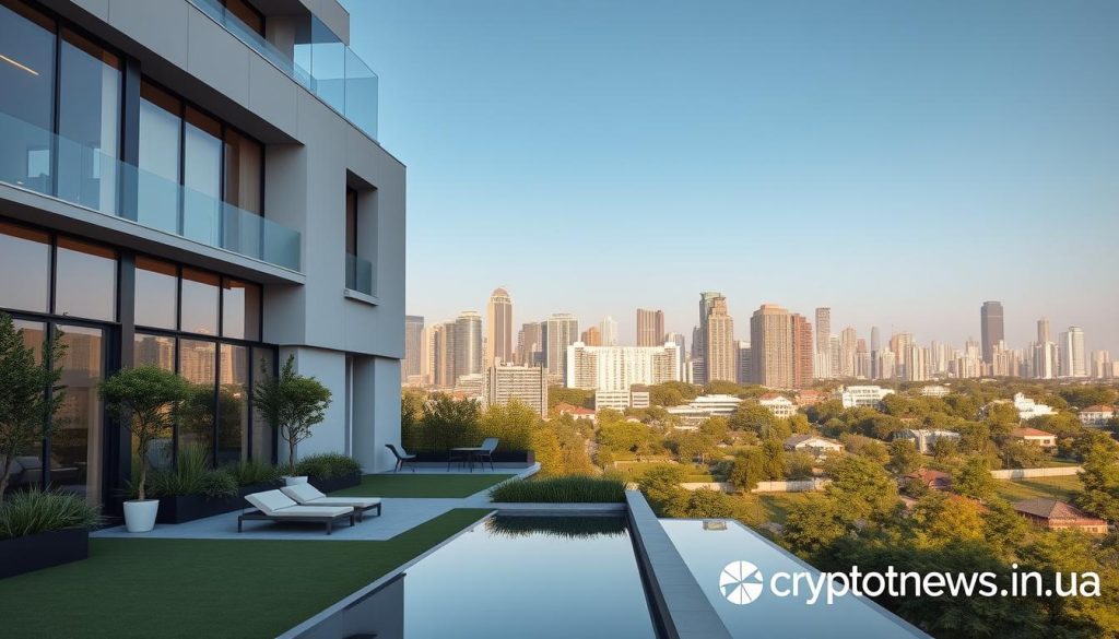 A modern, minimalist architectural rendering of a residential building set against a backdrop of a vibrant cityscape. The building features clean lines, large windows, and a mix of materials like glass, steel, and concrete. The foreground showcases a tranquil outdoor area with carefully manicured greenery, outdoor furniture, and a reflection pool. The middle ground depicts the bustling city skyline, with a mix of high-rise buildings and lush parks. The lighting is soft and warm, creating a serene and inviting atmosphere. The image conveys the advantages of real estate investment, including stability, growth potential, and a comfortable lifestyle. In the bottom right corner, the cryptonews.in.ua logo is subtly displayed. A modern, minimalist architectural rendering of a residential building set against a backdrop of a vibrant cityscape. The building features clean lines, large windows, and a mix of materials like glass, steel, and concrete. The foreground showcases a tranquil outdoor area with carefully manicured greenery, outdoor furniture, and a reflection pool. The middle ground depicts the bustling city skyline, with a mix of high-rise buildings and lush parks. The lighting is soft and warm, creating a serene and inviting atmosphere. The image conveys the advantages of real estate investment, including stability, growth potential, and a comfortable lifestyle. In the bottom right corner, the cryptonews.in.ua logo is subtly displayed.