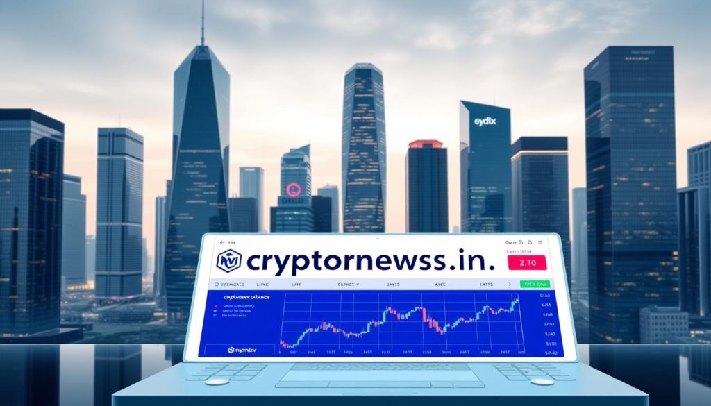 A modern, minimalist cityscape with towering glass skyscrapers, reflecting the vibrant glow of the skyline. In the foreground, a sleek cryptocurrency exchange platform with the brand name "cryptonews.in.ua" prominently displayed. The exchange interface features clean, intuitive user controls and a live, real-time market data visualization. The overall atmosphere conveys a sense of technological sophistication and financial opportunity, without the need for cumbersome identity verification.